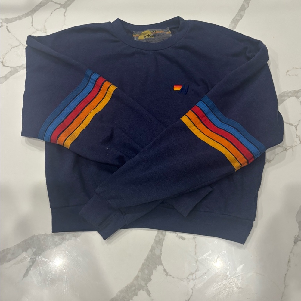 Aviator Nation Blue and Red Crewneck Sweater with Retro Stripes